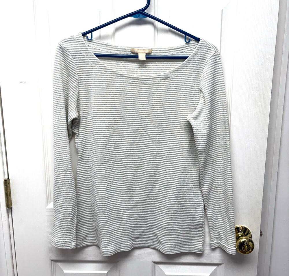 Banana Republic Sweater Wide Neck White Silver Metallic Stripe, Women's Size M